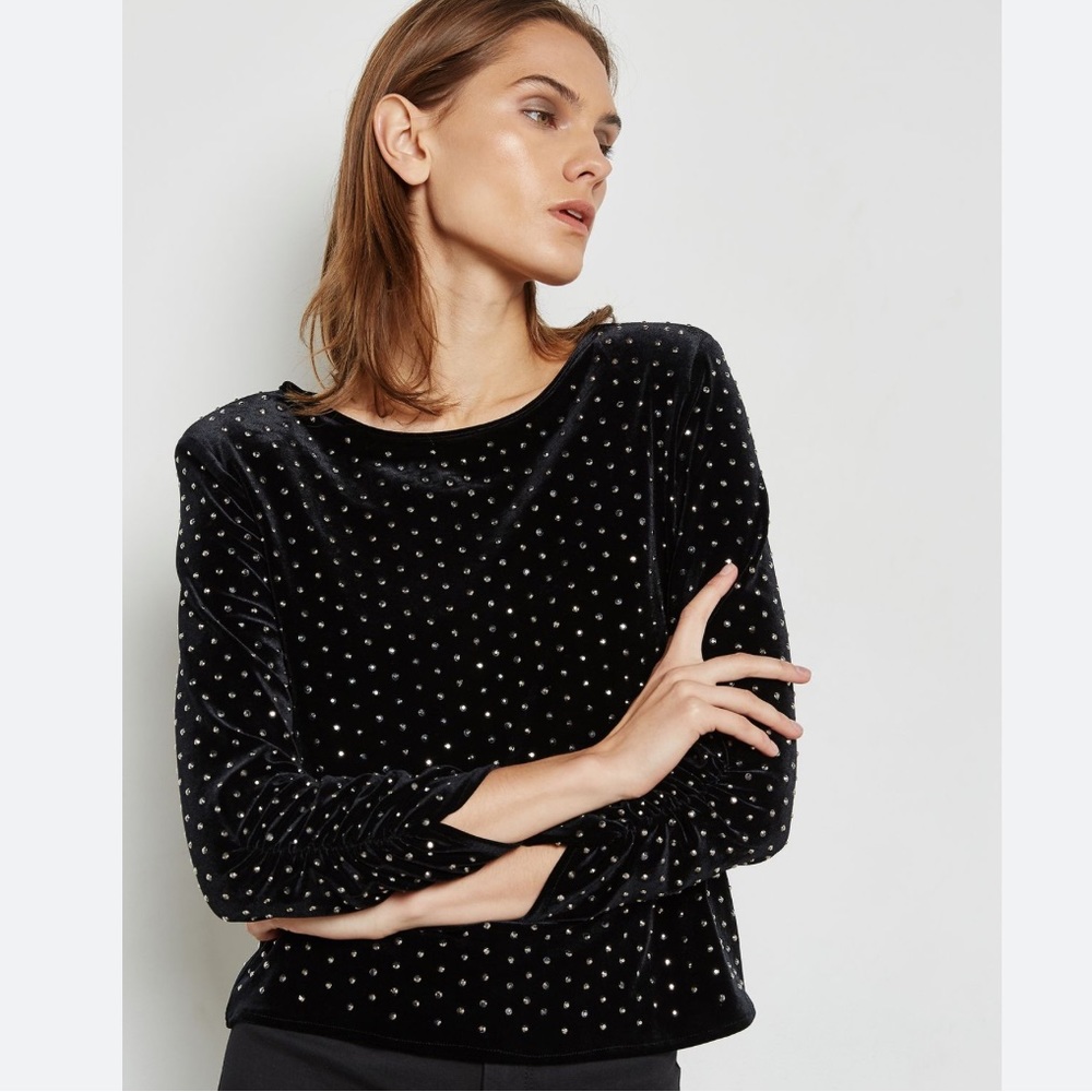 MANGO Embellished Studded Black Velvet Top